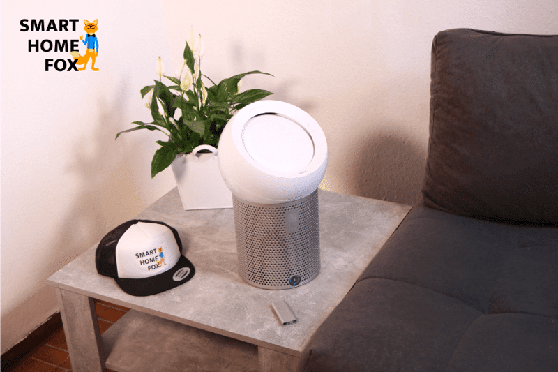 Le Dyson Pure Cool Me BP01 est posé sur une table dans une petite pièce.